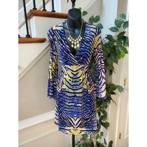 BCBG Maxazaria Womens Blue & Yellow Nylon V-Neck Long Sleeve Knee Length Dress L
